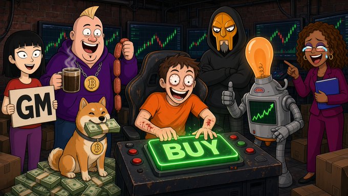 A cartoon-style illustration depicting a cryptocurrency trading scene with characters including a "GM" sign holder, a person with Bitcoin, a Shiba Inu dog on cash, a man pressing a glowing green "BUY" button, a robot with a lightbulb head, and a sad crying woman with a tablet.