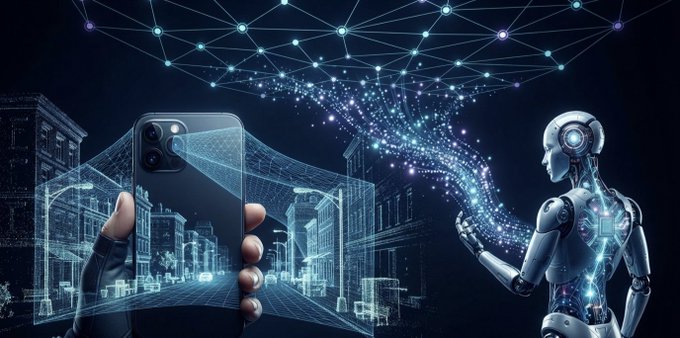 A digital artwork featuring a gloved hand holding a smartphone that projects a wireframe city, while a humanoid robot reaches toward floating geometric light patterns.