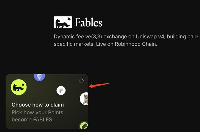 The image shows the Fables homepage featuring a dark interface with the tagline "Dynamic fee ve(3,3) exchange on Uniswap v4, building pair-specific markets. Live on Robinhood Chain." A red arrow points to a card titled "Choose how to claim" instructing users to pick how their Points become $FABLES, with the "Redeem your Points" option highlighted to illustrate the post's guidance on selecting a lockup period before October 19th.