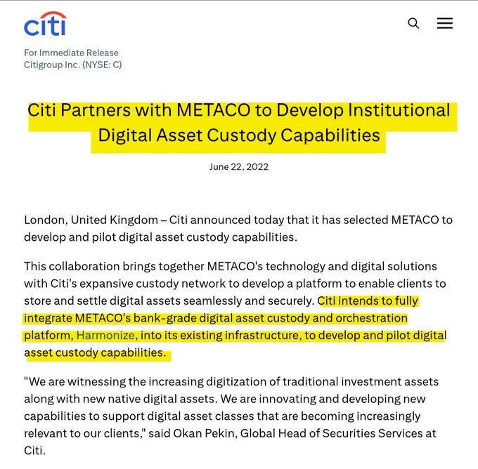 The image has a text that talks about Ripple (Metaco) Cryptocurrency. In this particular section of the image, there's some information regarding Citi partners with Ripple Cryptocurrency and its capabilities for digital asset custody services. The main idea is that these parties have joined forces to develop a platform that allows seamless integration between cryptocurrency technology and digital assets. It further explains how this collaboration brings together various aspects such as blockchain networks, storage, data transfer protocols, and security solutions in order to fully integrate cryptocurrency into the existing infrastructure of financial institutions.