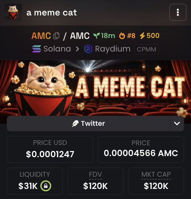 A screenshot of a meme coin called "a meme cat" ($AMC) on the Solana/Raydium platform, showing a price of $0.0001247 USD, liquidity of $31K, and a market cap of $120K. The post promotes an airdrop for the first 500 SOL addresses, noting the token is paired with actual AMC stock, and provides the contract address for the token.