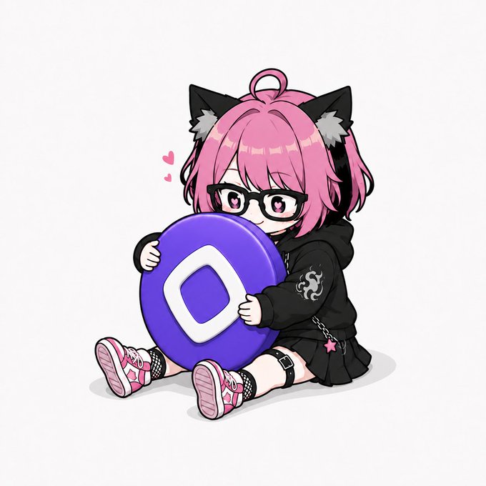 A chibi-style anime character with pink hair, cat ears, and glasses hugs a large purple coin with a white diamond/crypto logo, wearing a black hoodie and pink sneakers.