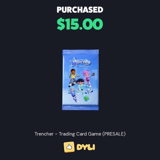 An identical purchase confirmation screen showing 'PURCHASED $15.00' for a 'Trencher - Trading Card Game (PRESALE)' booster pack with cartoon characters.