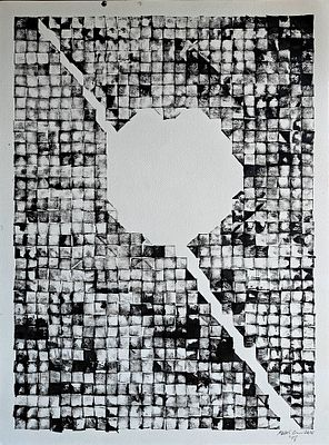 A black and white abstract artwork composed of a grid of small textured blocks with a large white octagonal cutout and diagonal white lines.
