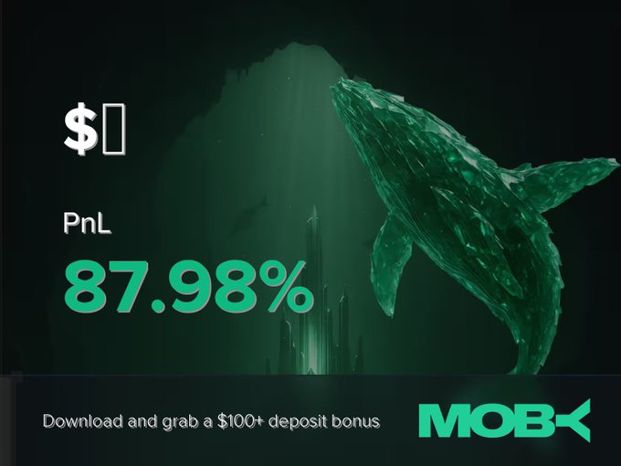 A Moby promotional graphic featuring a green crystalline whale and cityscape displays a "$🎒" PnL gain of +87.98%, promoting a $100+ deposit bonus to celebrate a winning trader position.