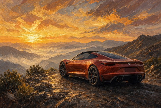 A red Tesla Roadster sports car parked on a rocky mountain overlook with a dramatic orange and yellow sunset sky in the background.
