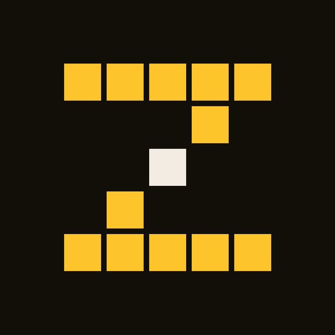 A pixelated, gold-colored letter 'Z' formed by a grid of squares on a black background, with a single white square in the center.