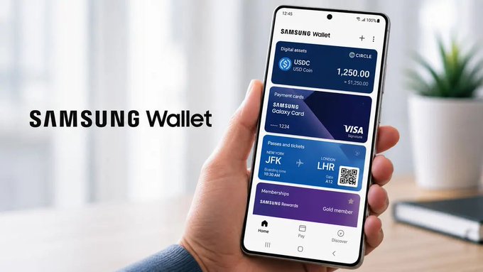 A hand holds a Samsung smartphone displaying the Samsung Wallet app, showcasing digital assets (USDC $1,250.00), a Samsung Galaxy Card payment card, boarding passes (JFK to LHR), and Samsung Rewards membership, with 'SAMSUNG Wallet' text on the left.