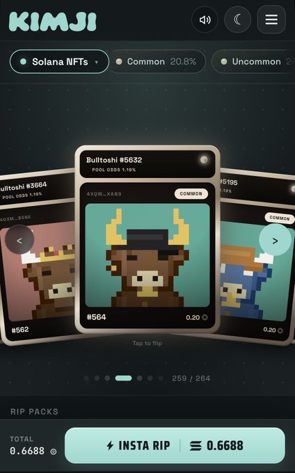 The image displays a mobile interface for Kimji.fun, showcasing a "Bulltoshi #5632" Solana NFT with pixel-art bull imagery, priced at 0.20 SOL and labeled as "COMMON" with a 20.8% drop rate. It connects to the post by highlighting the Kimji.fun NFT platform referenced alongside $ANSEM.