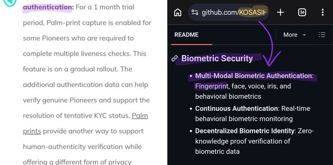 The image contrasts Pi Network's description of palm-print capture authentication with a GitHub repository page (KOSASHI) titled "Biometric Security," highlighting multi-modal biometric authentication features including fingerprint, face, voice, iris, and behavioral biometrics. The arrow drawn between the two screenshots visually links Pi's biometric identity verification trial to the broader technical framework of decentralized biometric security.