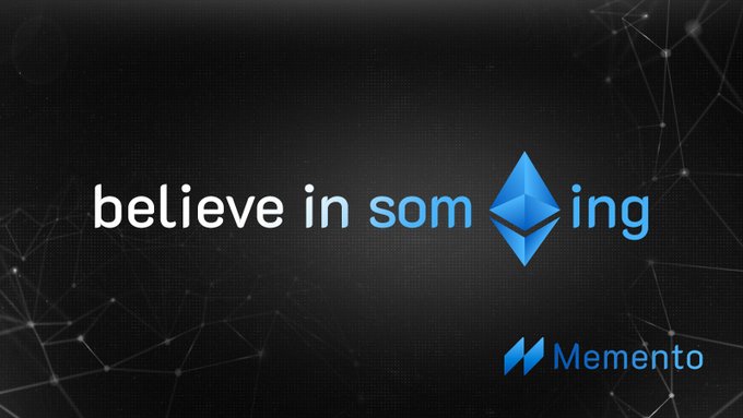 The image features a dark, tech-inspired background with interconnected network nodes and displays the text "believe in something" alongside an Ethereum logo (replacing the "eth" in "something"), along with the "Memento" branding. It visually reinforces the post's message by symbolizing the fusion of institutional-grade infrastructure with Ethereum settlement, tying together the bullish sentiment on both Memento Chain and Ethereum's role in tokenization.