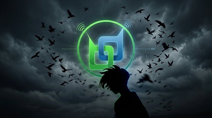 A dark, atmospheric digital illustration showing a silhouetted character looking up at a glowing green and blue circular logo resembling a speech bubble, surrounded by flying birds against a cloudy sky.