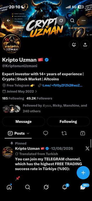 A screenshot of an X (Twitter) profile for 'Kripto Uzman' (@KriptonunUzmani), an 'Expert investor with 14+ years of experience' in 'Crypto | Stock Market | Altcoins', showing 185 Following and 49.2K Followers.