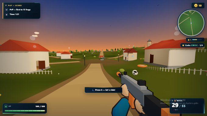 A first-person shooter game screenshot shows the player holding a rifle on a suburban street at sunset, with HUD elements displaying "P&P SCORE," "PVP—first to 15 frags," "Time: 1:21," "Code: SW2C - 1/4," and a player count of "29/55," illustrating the live gaming stream being teased in the tweet.