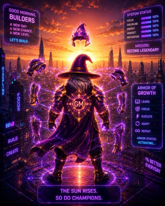 A vibrant fantasy-style illustration of a wizard with 'GM' on his chest, with text including 'GOOD MORNING, BUILDERS', 'SYSTEM STATUS', 'MISSION: BECOME LEGENDARY', 'ARMOR OF GROWTH', and 'THE SUN RISES. SO DO CHAMPIONS.'