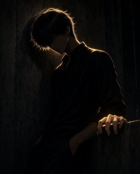 A dark, moody anime-style illustration shows a figure with dark hair and a black shirt leaning against a textured wall, illuminated by a single shaft of light from above.