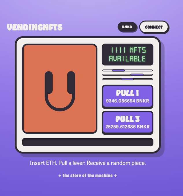 A purple-themed webpage for "VENDINGNFTS" featuring a vending machine graphic with an orange "U" panel, displaying "1111 NFTS AVAILABLE" on a digital screen, along with pricing options of "PULL 1" at 9,346.05694 BNKR and "PULL 3" at 25,259.612686 BNKR, matching the promotional details about the @bankrbot vending machine launch offering 1111 glitched Terminals.