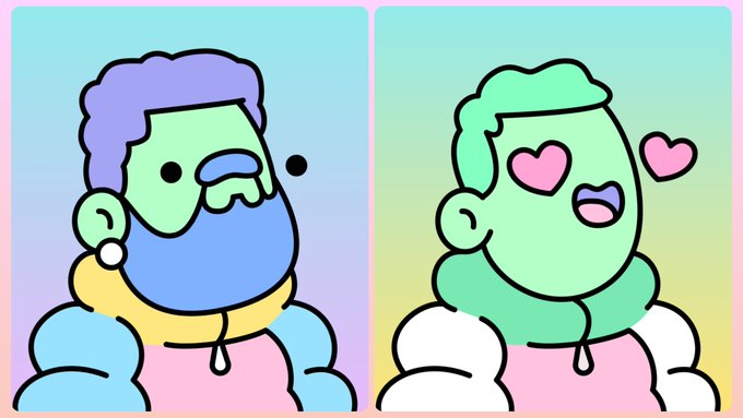 A two-panel cartoon showing a character transforming from blue with a serious expression to green with heart eyes.