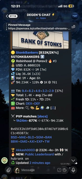A Telegram message from 'DEGEN'S CHAT' shows a crypto token listing for 'BANK OF STONKS' (StonkBankers) on the Sei blockchain, tagged with $STONKBANKERS.