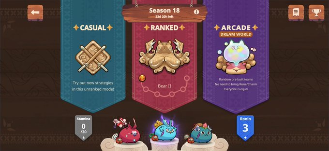 A video game menu showing Season 18 game modes: Casual, Ranked, and Arcade Dream World.