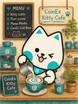 A cartoon illustration of a teal and white cat barista working at the 'CoinEx Kitty Cafe', with a menu listing 'Kitty Latte', 'Purr-ccino', 'Meow Mocha', and 'CoinEx Cold Brew'.
