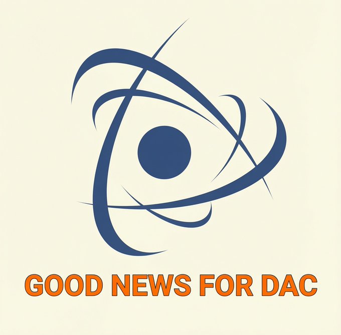 A minimalist blue logo resembling a stylized atom or eye appears above the orange text "GOOD NEWS FOR DAC" on a cream-colored background.