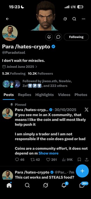 The image shows a Twitter/X profile for "Para / hates-crypto" (@Paradotsol) with a pinned post warning that if seen in an X community, he likes the coin and may help push it, clarifying he is just a trader. The profile displays 5.2K following, 10.2K followers, joined June 2025, and the post references a Solana wallet address (BakyXRTtW2cdivHrqoENQhSfaMjGLRgDudV8QSBGcKNf), likely shared as a tip jar or promotional address associated with the account's crypto activity.