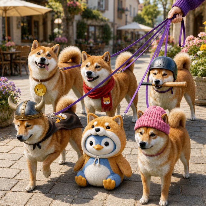 Several Shiba Inu dogs on purple leashes are walking together, with one wearing a viking helmet, another a pink beanie, and a stuffed penguin toy included among them.