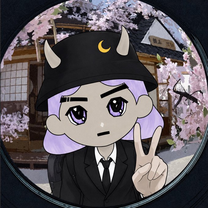 A digital illustration of a purple-haired character in a black hat with horns, wearing a black suit and tie, making a peace sign in front of cherry blossoms and a traditional Japanese building.