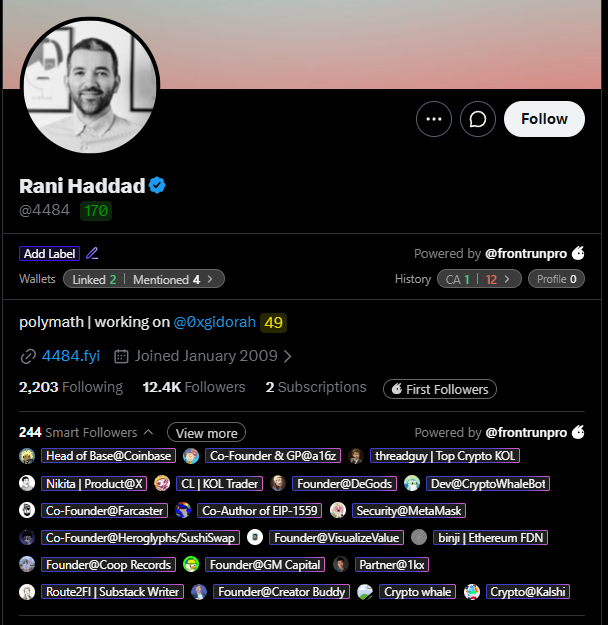 A profile page screenshot of "Rani Haddad" (@4484) on what appears to be a Web3 social platform, showing 12.4K followers, 4484.fyi link, and a list of notable smart followers including figures from Coinbase, EIP, and various crypto projects.