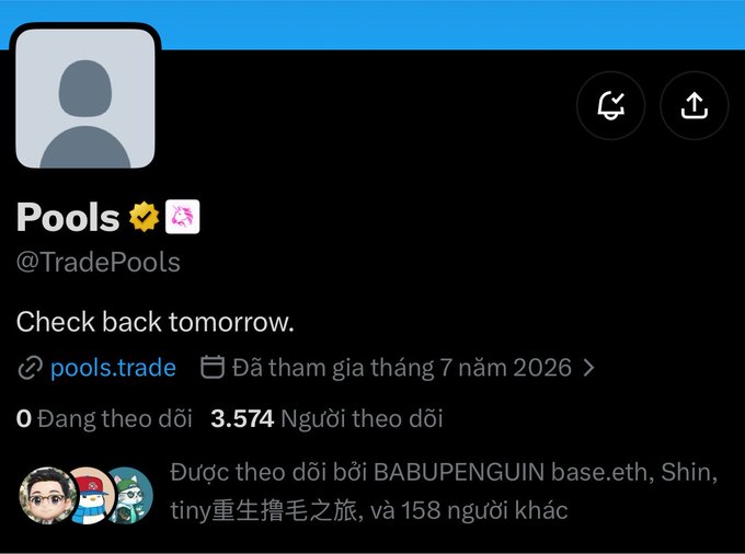 A Twitter/X profile screenshot for "Pools" with the handle @TradePoolz, showing 0 following and 3,574 followers, with the bio reading "Check back tomorrow." and a link to pools.trade.