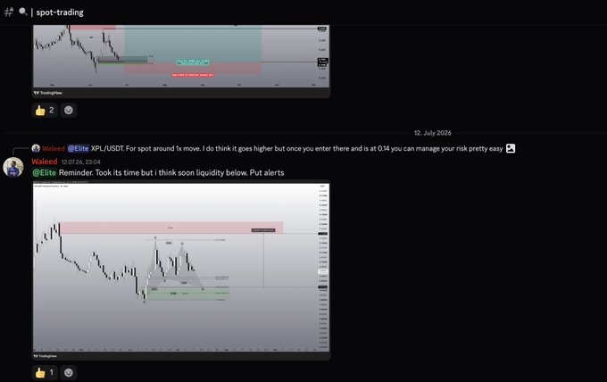 A Discord snippet from #spot-trading dated 12 July 2026 shows Waleed (@Elite) posting "XPL/USDT! For spot around 1x move. I do think it goes higher but once you enter there and is at 0.14 you can manage your risk pretty easy" along with a TradingView chart of XPL/USDT featuring pink and green POI (point of interest) zones, corresponding to the POI mentioned in the caption.