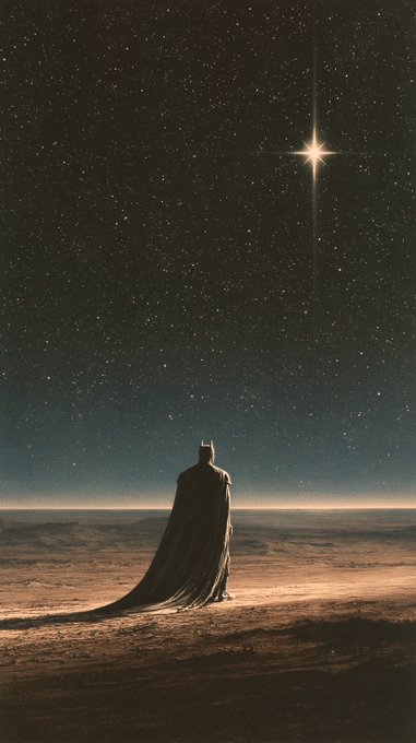Batman stands alone on a desolate, windswept dune, his cape trailing behind him, gazing up at a brilliant star shining through the vast, star-filled night sky.