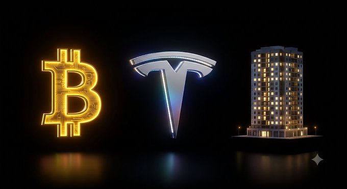 A glowing Bitcoin symbol, Tesla logo, and a lit high-rise apartment building stand side by side on a black reflective surface, representing the three surefire investment assets from a South Korean perspective.