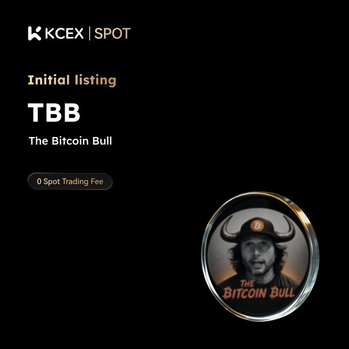 A KCEX Spot listing announcement for The Bitcoin Bull ($TBB) meme coin, featuring a circular token graphic with a horned Bitcoin-branded bull mascot, promoting zero spot trading fees alongside the accompanying post's details about deposit, trading, and withdrawal schedules.