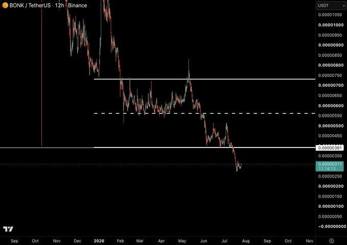 A 12-hour Binance chart of BONK/TetherUS showing a steep downtrend from late 2024 highs near $0.00001050 to recent lows around $0.00000311, with key support levels highlighted around $0.00000391 and $0.00000550. The accompanying post suggests this current price zone near the bottom of the decline represents a potential buying opportunity for BONK.