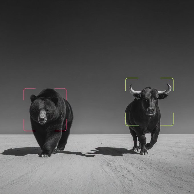 A financial market graphic showing a black bear in a red targeting frame and a black bull in a green targeting frame, symbolizing bear and bull market trends.