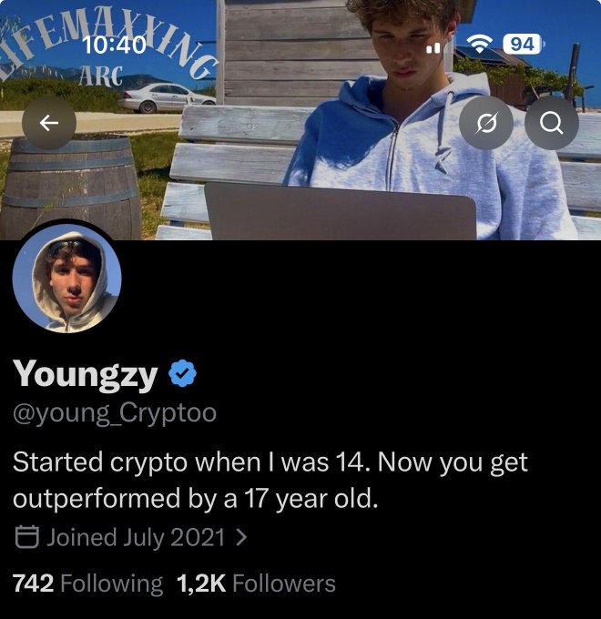 A Twitter/X profile screenshot for verified user Youngzy (@young_Cryptoo) showing a young man on a laptop, bio reading "Started crypto when I was 14. Now you get outperformed by a 17 year old.", joined July 2021, with 742 Following and 1.2K Followers.