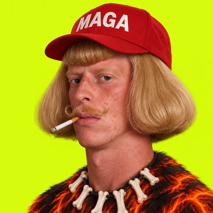 A person with a bowl-cut blonde wig, curled handlebar mustache, and red 'MAGA' cap holds a cigarette in their mouth against a neon green background, wearing a bone necklace and lava-textured shirt.