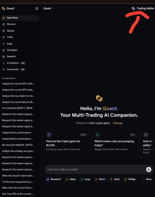 Screenshot of the Quant cryptocurrency AI companion interface, featuring a red arrow pointing to the 'Trading Wallet' option in the top right corner, with conversation history visible in the left sidebar.