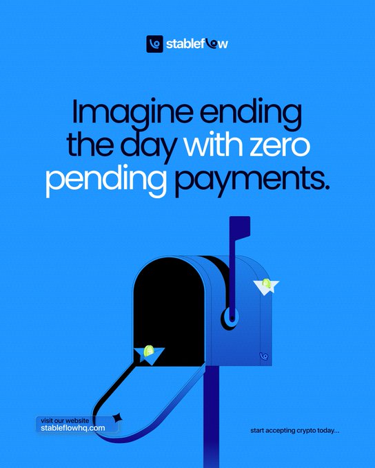 A Stableflow advertisement with a blue background featuring a 3D blue mailbox, reading 'Imagine ending the day with zero pending payments' with the website stableflowhq.com.