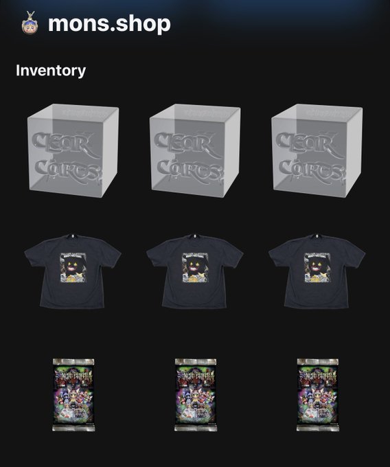 A digital storefront interface for 'mons.shop' displaying an inventory of items, including glass cubes labeled 'CLEAR CARE', black graphic t-shirts, and Pokémon card packs.