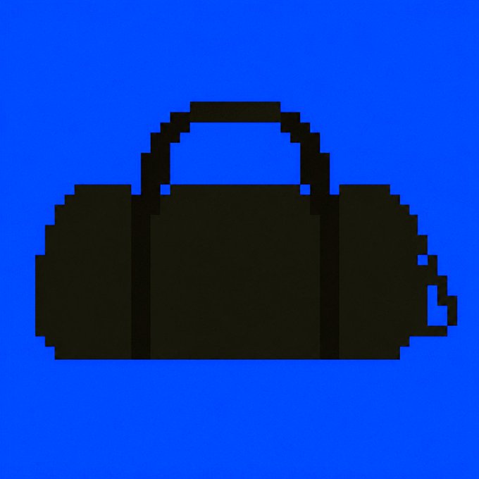A minimalist pixel-art black bag or purse on a solid blue background.