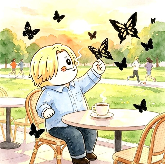 An anime-style illustration of a blonde-haired character smoking a cigarette at an outdoor café table with a coffee cup, surrounded by large black butterflies in a sunlit park with joggers in the background.