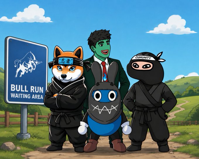 An anime-style cartoon illustration featuring a Shiba Inu dog ninja, a blue rabbit character, a green-skinned person in a suit, and a ninja in black marked 'CUMUNITY', standing near a sign reading 'BULL RUN WAITING AREA'.