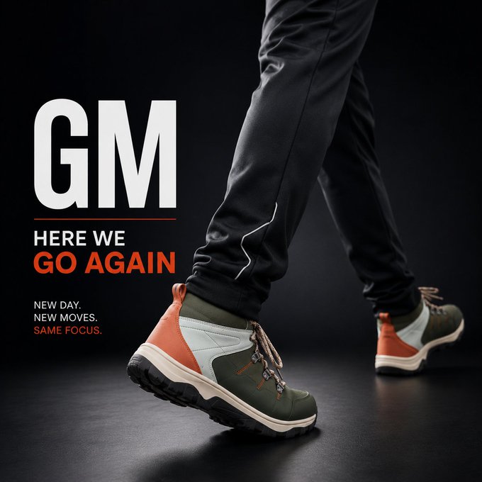 An advertisement featuring the lower half of a person walking, highlighting their green and orange sneakers, with the text 'GM - HERE WE GO AGAIN - NEW DAY. NEW MOVES. SAME FOCUS.'