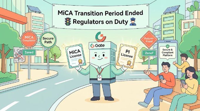 An illustrated promotional graphic titled 'MiCA Transition Period Ended – Regulators on Duty' featuring a mascot holding 'MiCA License' and 'PI License' certificates for Gate, surrounded by compliance-themed signage.