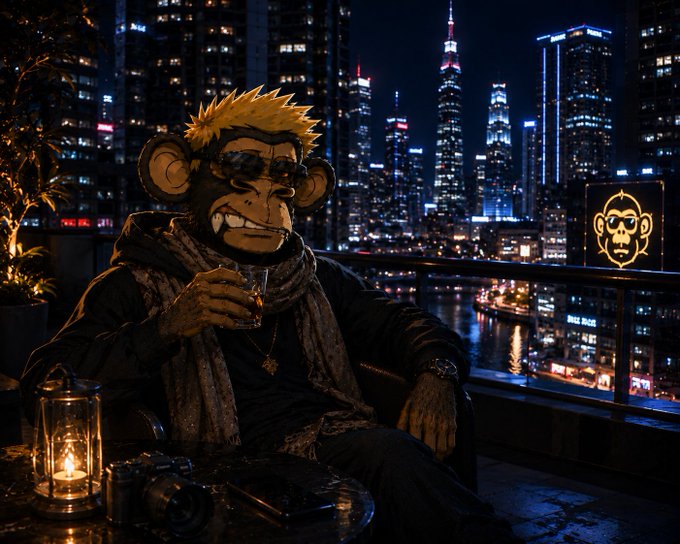 A Bored Ape-style character relaxes on a rooftop overlooking a glittering nighttime cityscape, holding a drink beside a lantern with a matching ape-logo neon sign, while a camera sits on the table nearby. The image's "apes together strong" vibe visually echoes the post's point about gQuip/Quip Network: like a community uniting diverse compute resources (CPUs, GPUs, QPUs) into something bigger than any single piece of hardware.