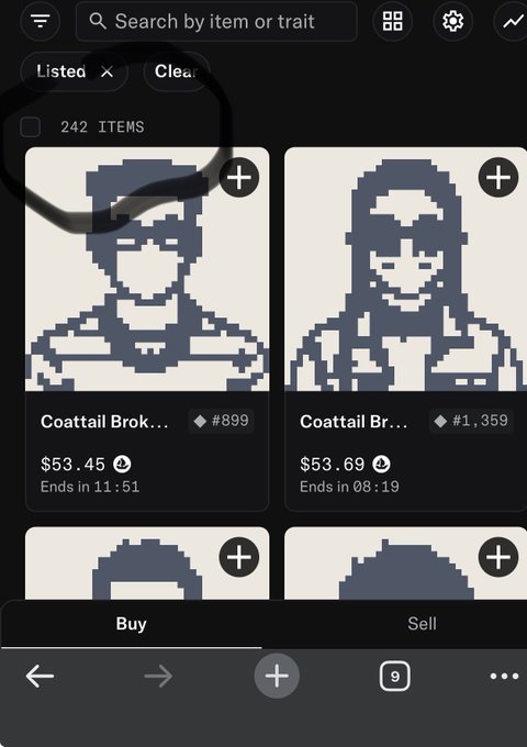 A screenshot from what appears to be a digital art marketplace app showing pixel art portraits titled 'Coattail Brok...' with prices around $53 and various listing filters.