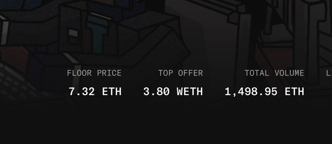 A dark NFT marketplace stats banner displaying 'FLOOR PRICE 7.32 ETH', 'TOP OFFER 3.80 WETH', and 'TOTAL VOLUME 1,498.95 ETH' over a cartoon-style background.